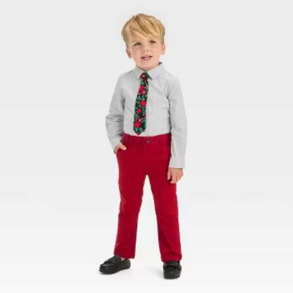 New! Toddler Boys' Long Sleeve Woven Shirt and Pants Set - Cat & Jack-  Gray 18M